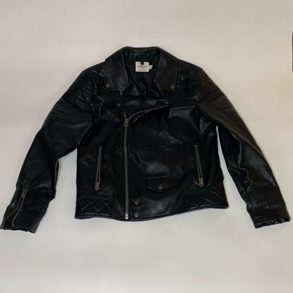 TOPMAN, Black Leather Biker Jacket Size S, Made In India, Pre-owned